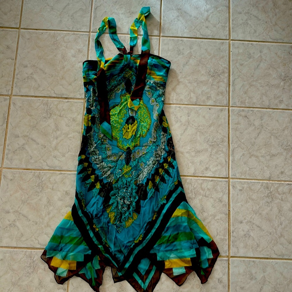 Vintage 90’s BGBG Max Azria silk boho handkerchief hem dress. Turquoise
